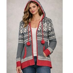 Between Me & You Nordic Fair Isle Hooded Cardigan Pom Pom Sweater Wool Blend